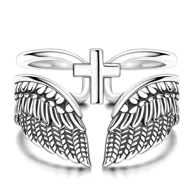 Bague Ailes d'Ange avec Croix Chrétienne en Argent vue de Face