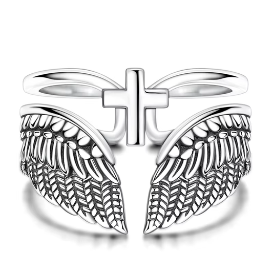 Bague Ailes d'Ange avec Croix Chrétienne en Argent vue de Face