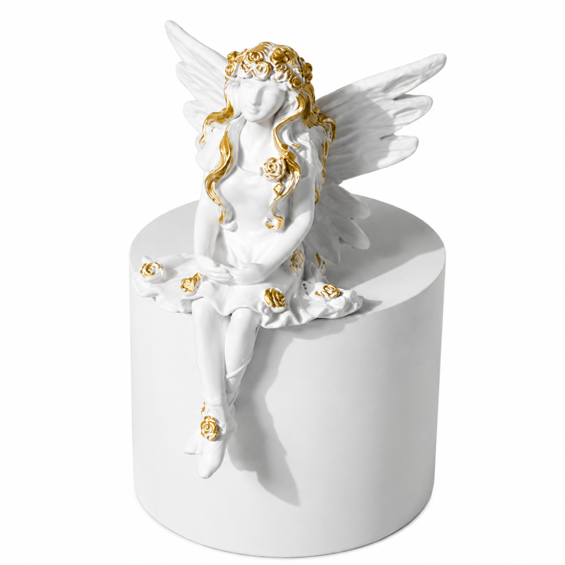 Statue Ange Elégante en Résine Blanche assise sur socle