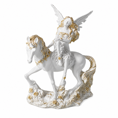 Statue Ange Elégante en Résine Blanche à cheval sur licorne